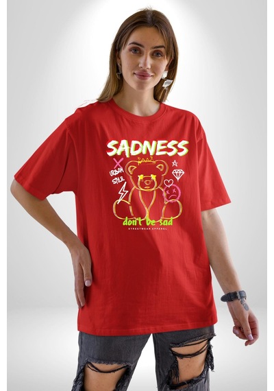 Üzüntü Üzülme Pamuklu Bisiklet Yaka Unisex Oversize Boyfriend Dijital Baskılı Kırmızı T-shirt Kırmızı