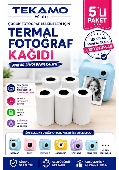 Çocuk Fotoğraf Makinesi Kağıdı Tüm Mini Cihazlarla Uyumlu Rulo 5 Adet