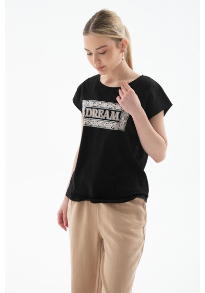Fashion Friends Baskılı %100 Pamuklu Bluz Siyah Siyah
