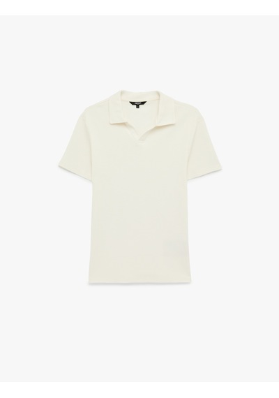 Koton Kısa Kollu Pamuklu Slim Fit V Yaka Polo Tişört Ekru 6sam10074mk