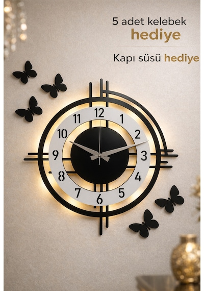 Pey Aksesuar Işıklı Ahşap Duvar Saati 48 Cm Dekoratif Modern Tasarım 0240-beyaz-şekilli-48cm