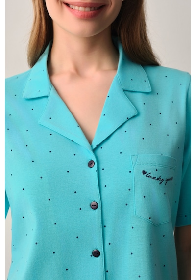 Suwen Lucky Pamuklu Gömlek Yaka Şort Pijama Takımı Sh26623667b335 Turkuaz Desenli