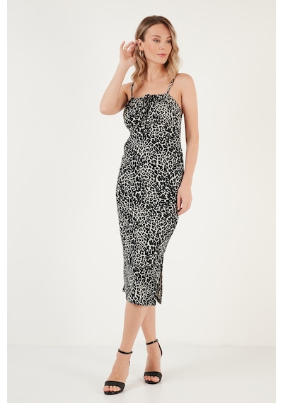 Lela Önü Büzgülü Ip Askılı Yırtmaçlı Fitted Midi Bayan Elbise 5865362 Leopar