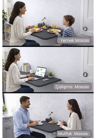45 X 70 Cm Oval Köşeli Antrasit Sabit Raflı Duvara Monte Kırma Katlanır Masa