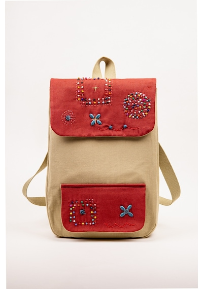 Fabric Craft Bag Sırt Çantası Kumaş Boho Nakışlı Koyu Bej - Bordo
