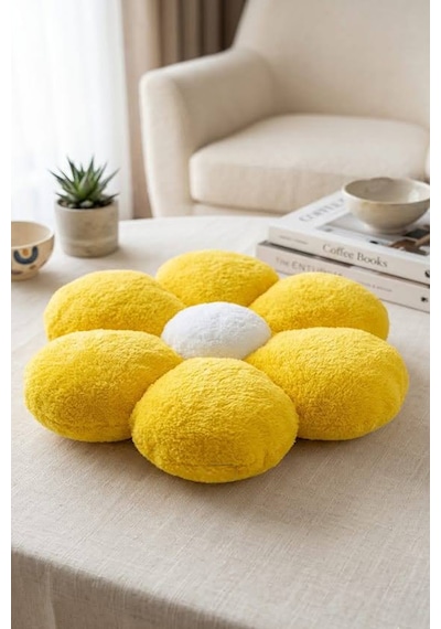 Soft Pelüş Papatya Dekoratif Yastık Bahar Şıklığında Kırlent Ve Minder 45x45 Çapında Sarı