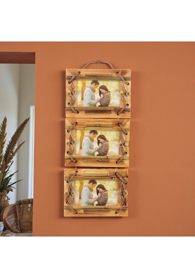 El Yapımı Doğal Ahşap 3 Lü Bambu Bamboo Fotoğraf Çerçevesi Dekoratif Ev Ofis Hediyesi Duvar Süsü -10