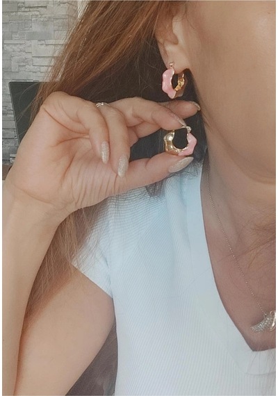 Çelik Mineli Fırfır Model Halka Küpe Pembe Pembe