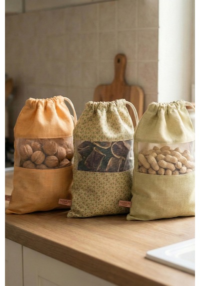 3 Adet Bakliyat Kesesi Büyük Boy 24x34 Erzak Kuru Gıda Saklama Kabı Torbası Fileli Bez Bohem-Set 104