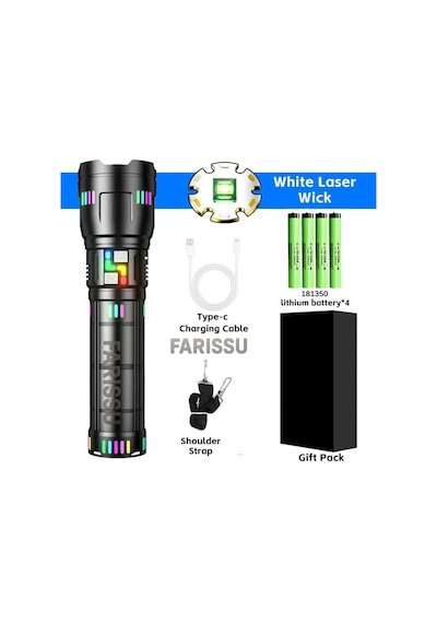Or-w518 Ultra Güçlü Beyaz Lazer Led El Feneri 100w, 6000 Lümen, 2 Km Zoom Menzil Powerbank Özellikli Siyah