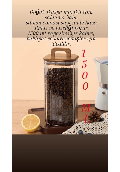 Akasya Kapaklı Cam Kavanoz 1500 Ml Büyük Boy Kahve, Bakliyat&kuruyemiş Saklama Kabı Kahverengi - Şeffaf