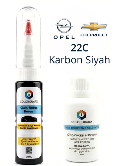 Colorguard Opel Chevrolet 22c Karbon Siyah İğneli & Fırçalı Şişe Rötuş Boyası Ve Yüzey Temizleme Solüsyonu Seti