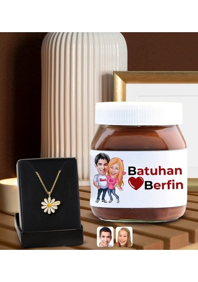 Bk Gift Sevgiliye Özel İsimli Papatya Kolye Ve Karikatürlü Nutella 400gr. Hediye Seti, Sevgililer Günü Hediye, Doğum Günü Hediyesi, Sevgiliye Hediye-8