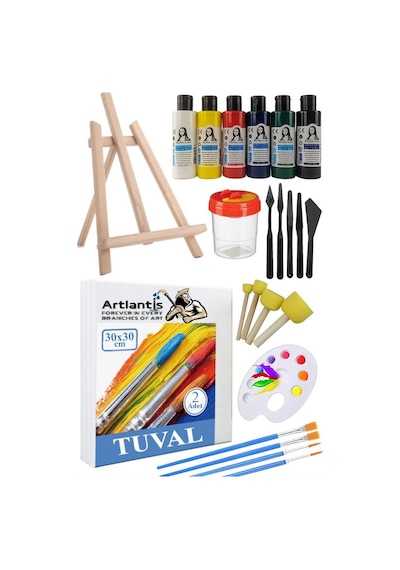 30x30 Tuval Seti 1 Paket Masa Üstü Şövale Mydido Akrilik Boya Plastik Spatula Resim Fırçası Palet Ponpon Sünger Fırça