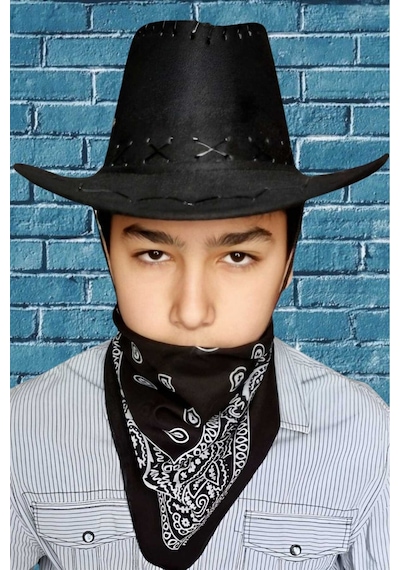 Uniquetrenders Çocuk Unisex Bandanalı Nubuk Kovboy Şapkası 8-14 Yaş Siyah 3