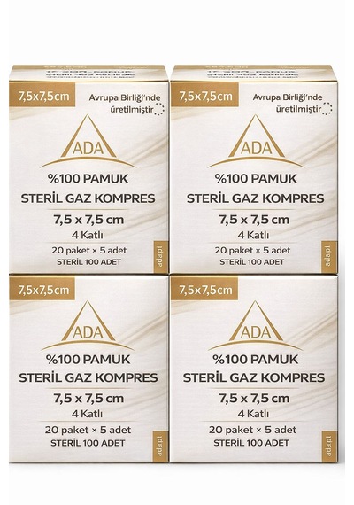 Ada Steril Kompres 7,5x7,5 Cm 4 Katlı %100 Pamuk - 100 Adet 10 Kutu