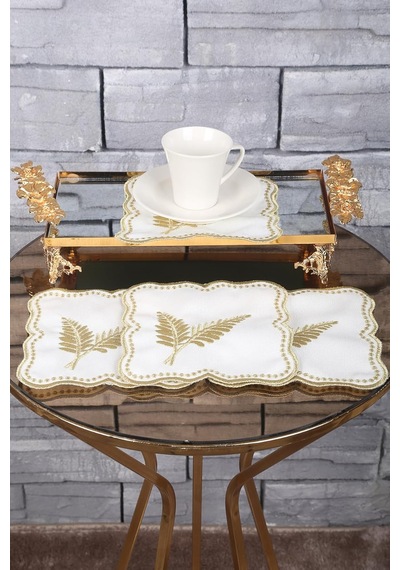 Bonny Home Palmiye Yaprak Gold 6'li Kokteyl Sunum Peçetesi, Nakış İşlemeli, 15x15 Cm Diğer