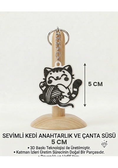 Sevimli Kedi Anahtarlık & Çanta Süsü Beyaz - Siyah