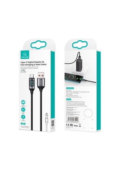 Usams US-Sj544 Dijital Göstergeli Çipli Örgülü PD 66 W USB To Type-C Şarj ve Data Kablosu 1.2 M