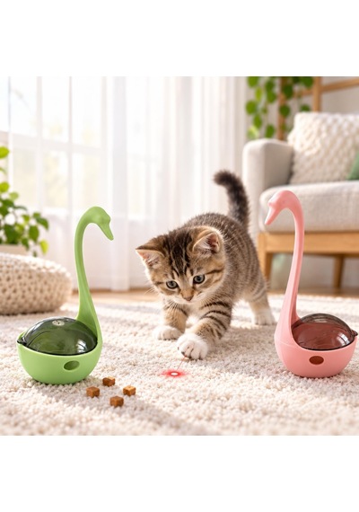 Lazerli Mama Hazneli İnteraktif Kedi Oyuncağı, Ödül Mamalı Kuğu Tasarım, Pilli Hareketli Lazer Oyuncak, Zihinsel Uyarım Ve Egzersiz İçin Kedi Aktivite Oyuncağı, Piller Dahil Pembe
