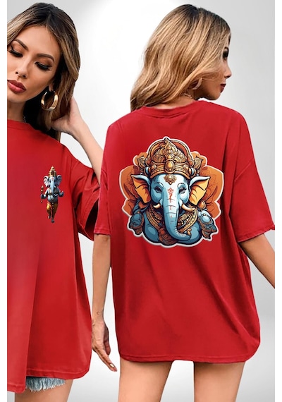 Hindu Fil Bereket Tanrısı Kırmızı Oversize Unisex Ön Ve Sırt Baskılı Tişört Kırmızı