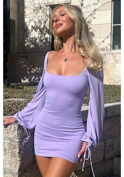 Pink Life Lavender Glow Bağlamalı Lila Mini Elbise