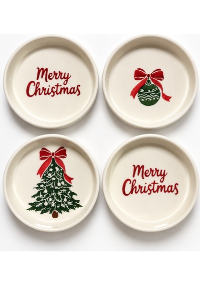Merry Christmas 4 Parça 13 Cm Seramik Çerezlik & Sosluk Kase Kahvaltılık Sunumluk Beyaz