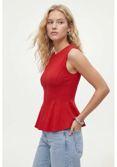 Ritnice Kadın Rowe %100 Pamuk Peplum Sıfır Kol Kırmızı Bluz