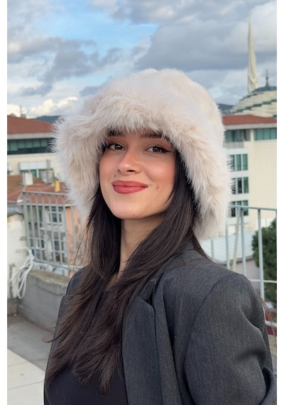 Mollycrush Suni Kürklü Peluş Bucket Kalpak Şapka Luxury Kadın Bej Rus Slav Tarzı Bej