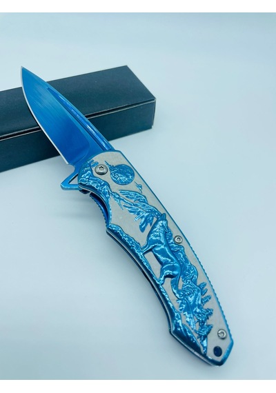 Tobaccotürk724 Kurt Kabartmalı Kamp Bıçak Yarıoto Mavi Metal 20cm Kamp Çakı//ystl2916bl Mavi