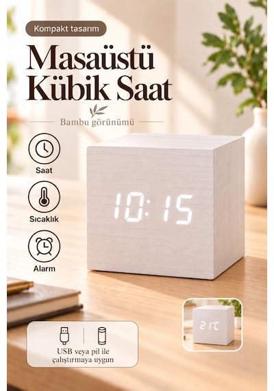 Ahşap Dijital Kübik Masa Saati Termometre Ve Alarm Çok Renkli 36814524