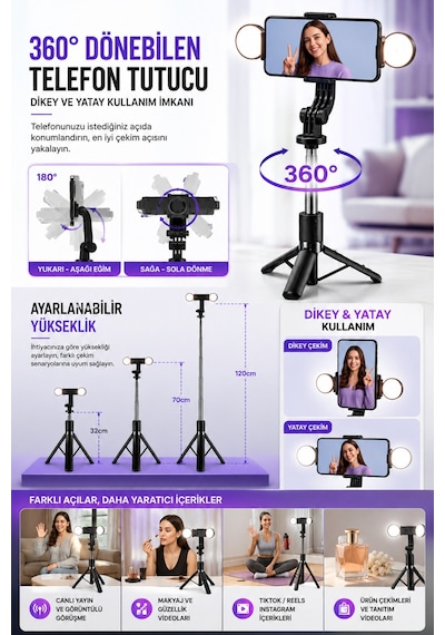 Mpıa Kumandalı Çift Led Işıklı Telefon Tutucu Tripod 360 Döner Ayarlanabilir Uzunluk Selfie Video Standı Siyah
