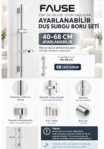 Fause Ayarlanabilir Duş Sürgü Boru Seti Kss199 Krom