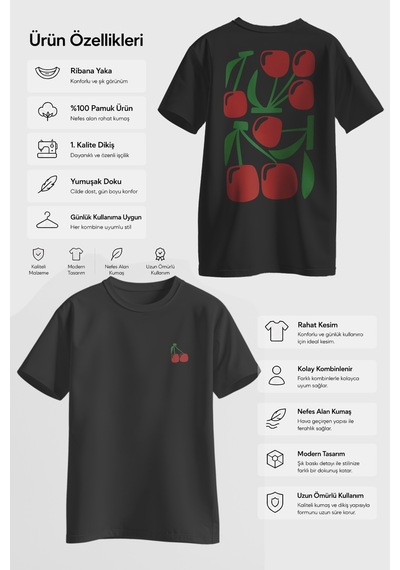 Spoyi Cherry Mood Tasarımlı %100 Pamuk Yarım Oversize Siyah T-shirt