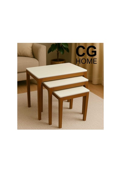 Ant Home Mono Zigon Sehpa Üçlü Lüx %100 Ağaç Lake Boyalı Sehpa Ekru