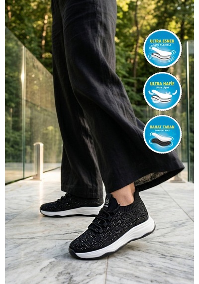 Ayakmod Siyah Anorak Hafif Esnek Bağcıklı Kadın Casual Ayakkabı 2061 G