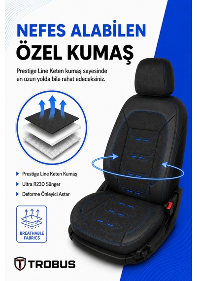 Dacia Sandero 2008+ Uyumlu Prestige Line Keten Serisi Siyah Mavi Koltuk Kılıfı 20563704