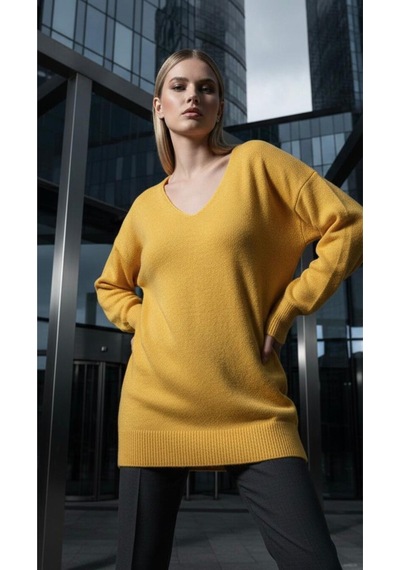 V Yaka Oversize Triko Tunik Sarı Sarı