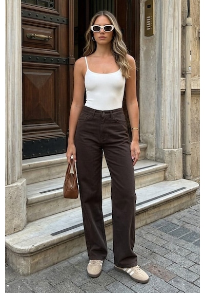 Kahverengi Wide Leg Kadın Pantolon Mg2614