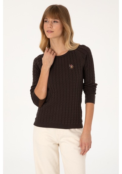 U.S. Polo Assn. Kadın Koyu Kahverengi Bisiklet Yaka Basic Kazak 50307728-VR084