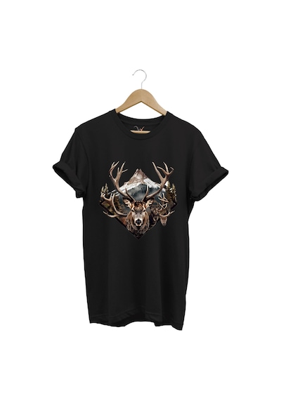 Avcılık Geyik Avı Dağ Doğa Baskılı Minimal Regular Fit %100 Pamuk Siyah T-shirt Siyah