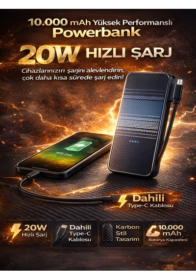 10000mah Karbon Stil Powerbank Dahili Type-c Kablo 20w Hızlı Şarj Taşınabilir Şarj Cihazı Lacivert