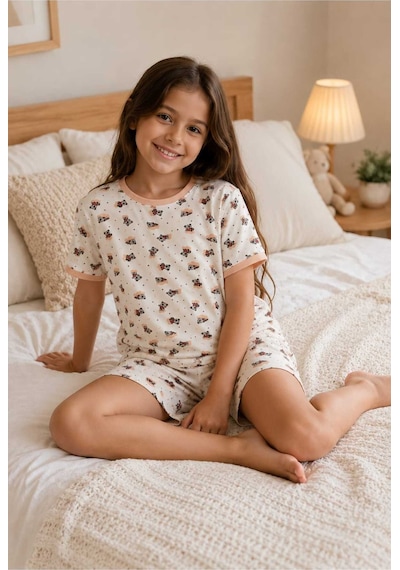 Tenra Kız Çocuk Pamuklu Şortlu Pijama Takımı 3-12 Yaş Beyaz