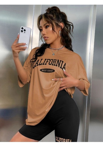 Flood Of Style Kadın Camel Calıfornıa Baskılı Bisiklet Yaka Tshirt Kahverengi