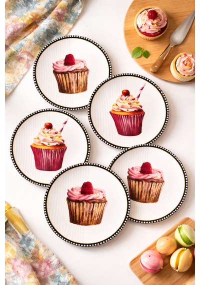 Grandora Pasta Tabağı Cupcake Desenli 6 Adet, 20 Cm Pasta, Tatlı Sunum Tabağı Seti, Doğum Günü Tabağı Çok Renkli