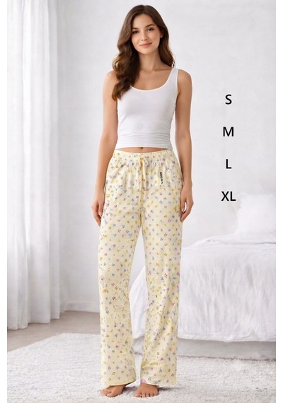 Viskon Pamuklu Kadın Açık Sarı Desenli Pijama Pantolon - Mg010 - Mudanis