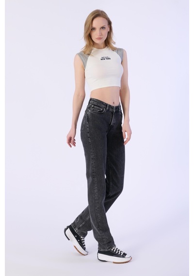 Straight Mıd Waıst Düz Denim Pantolon Kadın-antrasit Antrasit