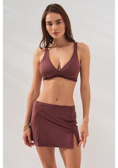 Toffee Fra Yırtmaç Detaylı Etekli Set Üçgen Bikini Takımı Ayarlanabilir Kalın Askılı Kullanışlı Kahverengi