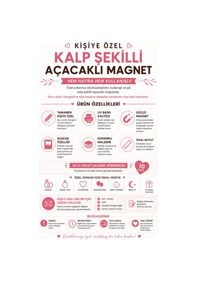Kişiye Özel Kalp Şekilli Açacaklı Magnet 10 Lu Set Fotoğraflı İsimli Uv Baskılı Düğün Nişan Hediyelik
