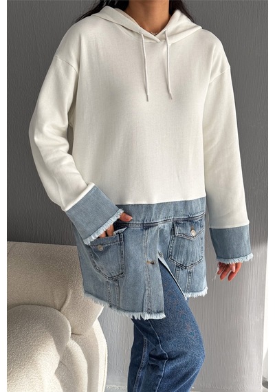 Femelle Kadın Kapüşonlu Kot Denim Detaylı Düğmeli Tasarım Sweatshirt beyaz